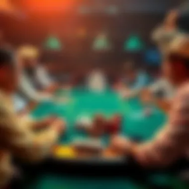 A lively poker game in progress with players bidding on cards at a table, showcasing excitement and quick action.