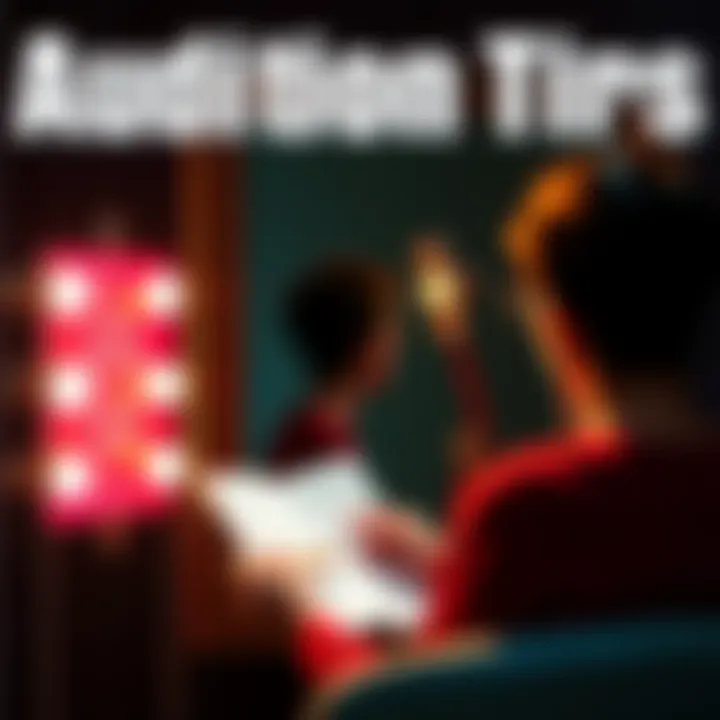 A person reviewing notes and practicing in front of a mirror for an upcoming audition