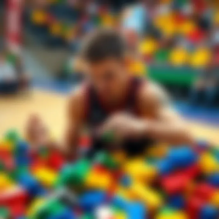 Austin Reaves playfully interacting with colorful Lego blocks, showcasing a lighthearted moment related to basketball humor.