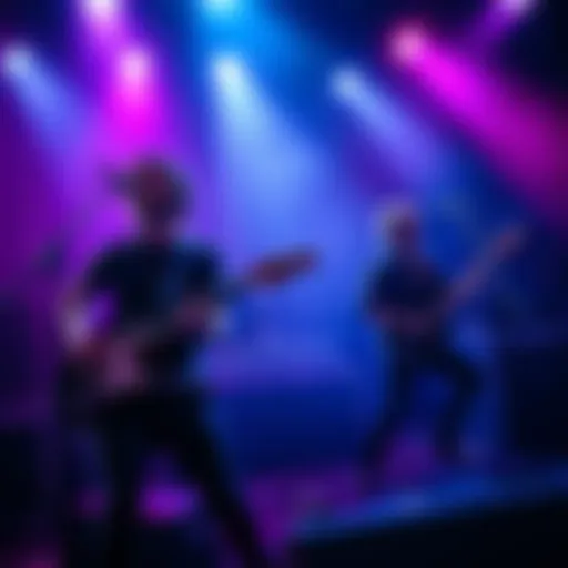 A band performs live with energy, featuring a lead singer and guitarists on stage, capturing a lively music scene.