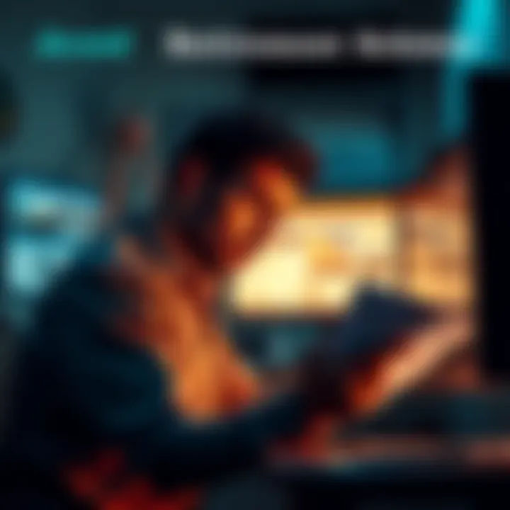A person looking worried while examining papers and a computer screen showing investment ads, hinting at fraud signs.