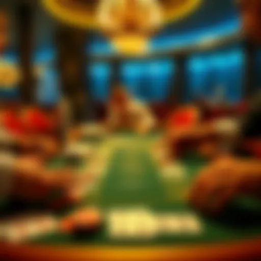 A table set up for a baccarat game, featuring cards, chips, and a player in focus making a strategic decision.