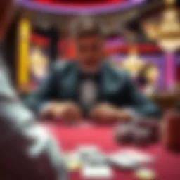 A professional baccarat dealer explaining game strategies at a casino table, surrounded by cards and chips.