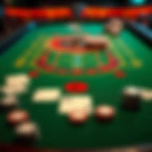 Baccarat Game Table A baccarat game table with cards laid out, showing a tie indicator and chips placed for betting.