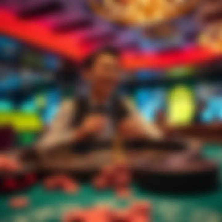 A person playing baccarat and limbo at a casino table, looking excited while counting chips, with a background of a vibrant casino atmosphere.