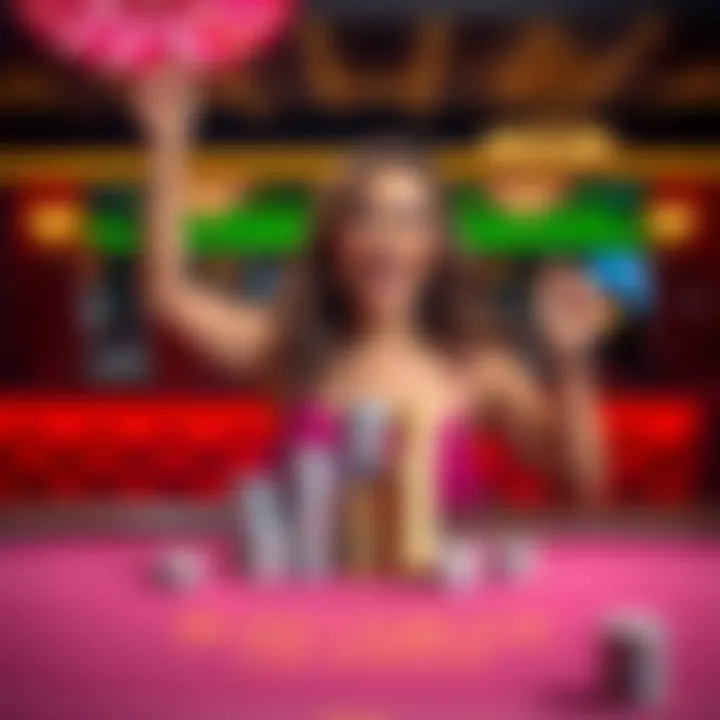 Baccarat player celebrating win A female player celebrates at a Baccarat table with chips stacked in front of her, showing excitement after winning multiple games.