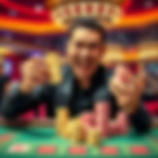 A man excitedly displaying poker chips after winning at baccarat, showing a stack of winnings and a joyful expression.