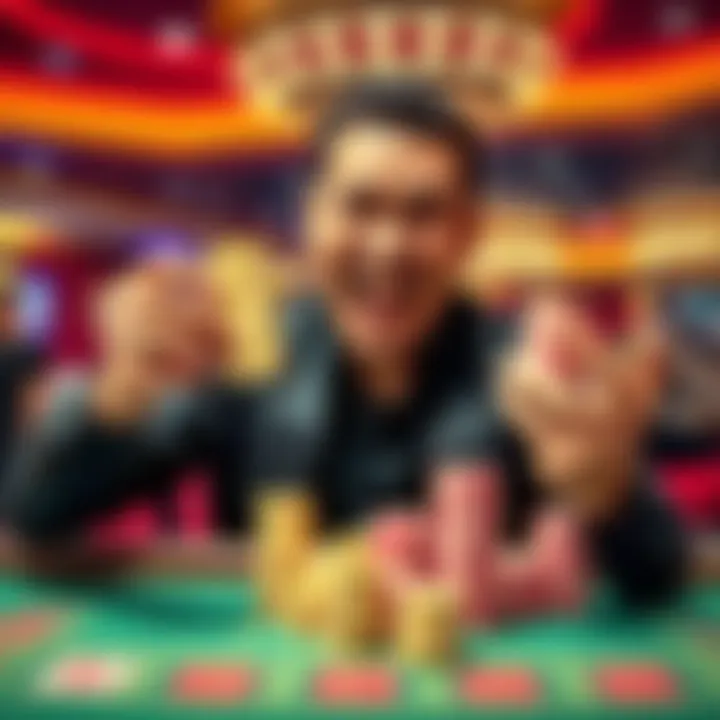 A man excitedly displaying poker chips after winning at baccarat, showing a stack of winnings and a joyful expression.