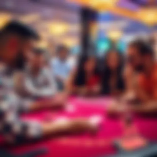 A group of friends at a casino table playing Baccarat, smiling and having fun with cards and chips