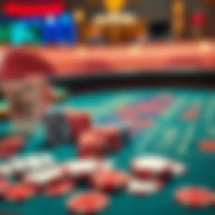 A baccarat table filled with playing cards and colorful chips, showing a gambling setting