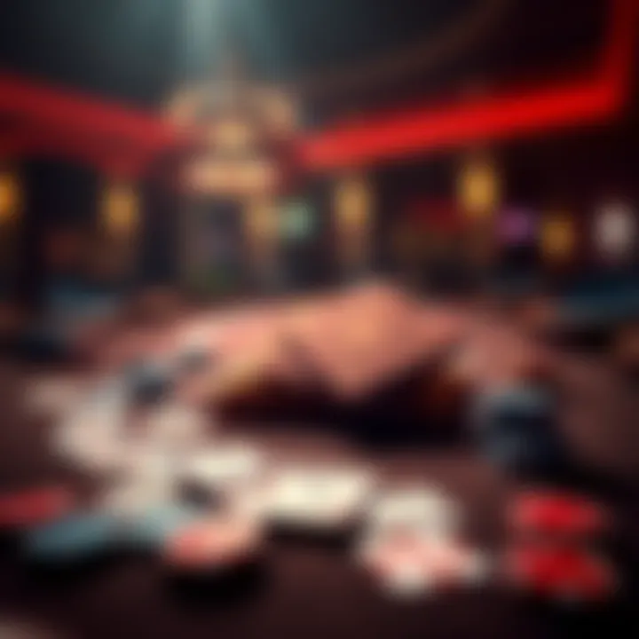 A baccarat table filled with cards and chips, showing a tense moment of gameplay