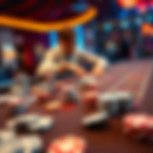 A baccarat table with colorful chips and cards, showing a player focused on the game