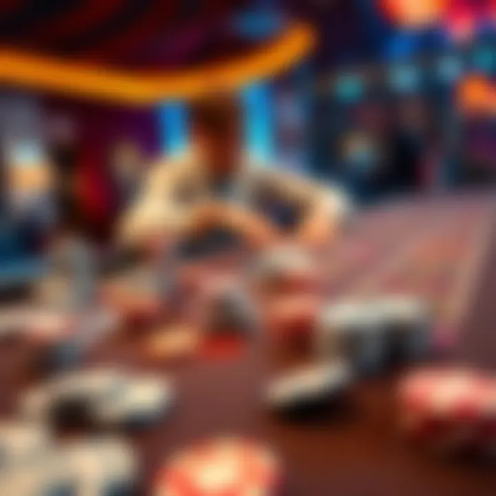 A baccarat table with colorful chips and cards, showing a player focused on the game