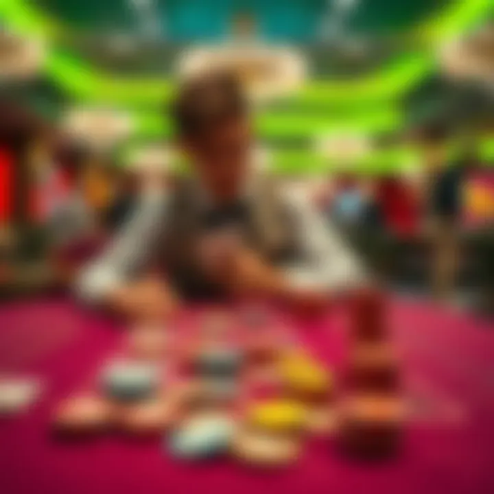 A novice gambler preparing to place bets on a baccarat table with colorful chips and cards.