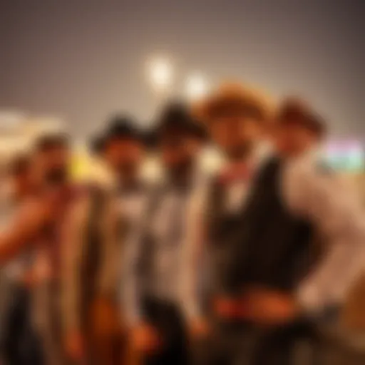 A group of men wearing fedoras, suspenders, and bow ties enjoying a bachelor party at a horse race