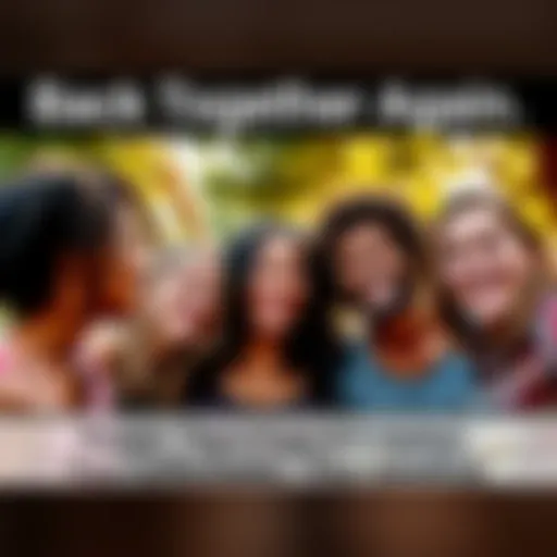 A group of friends smiling and reconnecting in a warm outdoor setting, showing joy and community spirit.