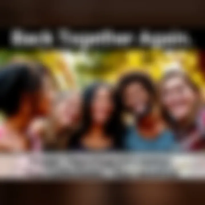 A group of friends smiling and reconnecting in a warm outdoor setting, showing joy and community spirit.