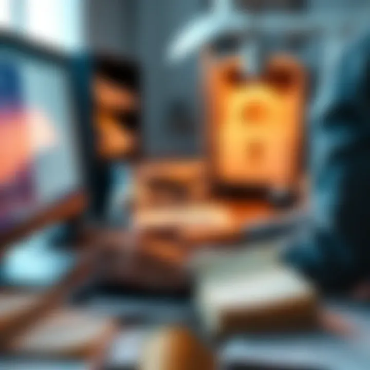 A person organizing letters and documents while using a computer to create backups, emphasizing the importance of protecting important content.