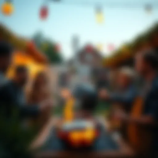 A group of friends enjoying a BBQ in a backyard, grilling meats and sharing food together, surrounded by festive decorations.