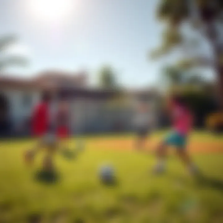 A group of friends playing soccer in a sunny backyard, enjoying the game and cheering for each other.