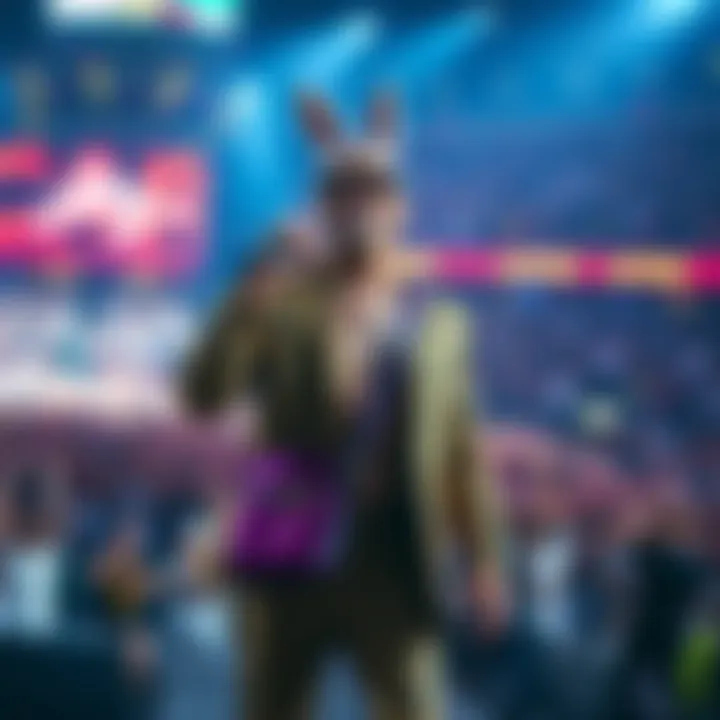 Bad Bunny Performing at Super Bowl Halftime Bad Bunny on stage during the Super Bowl halftime show, engaging the crowd with his music and energy.