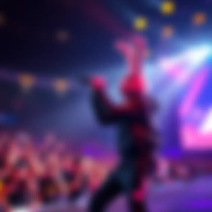 Bad Bunny on stage during his energetic Super Bowl performance, engaging with the audience and creating an electrifying atmosphere.