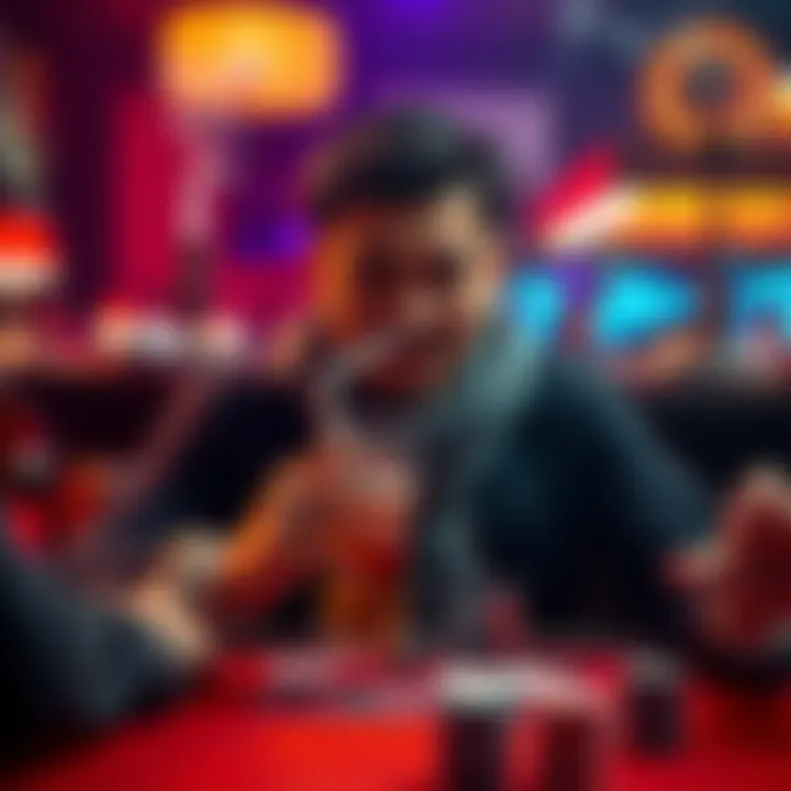 A person enjoying a game with a drink in hand, surrounded by smoking and gambling symbols, illustrating the importance of moderation in pleasure activities.