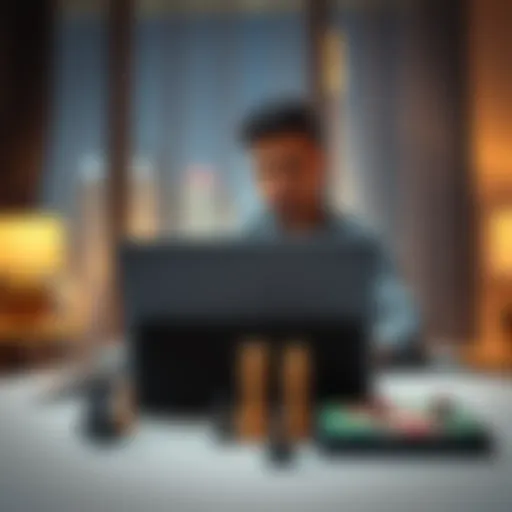 A person sitting at a laptop in a hotel room with game pieces on the table, showing a mix of work and play