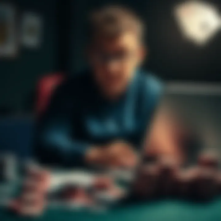 A person sitting at a desk with a laptop, looking tired, while poker cards and chips are scattered nearby, representing the struggle to balance work and poker.