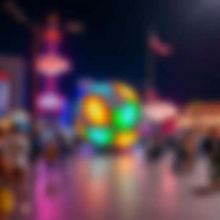 A large, colorful ball lodged in a public area in Las Vegas, attracting a crowd of curious onlookers.