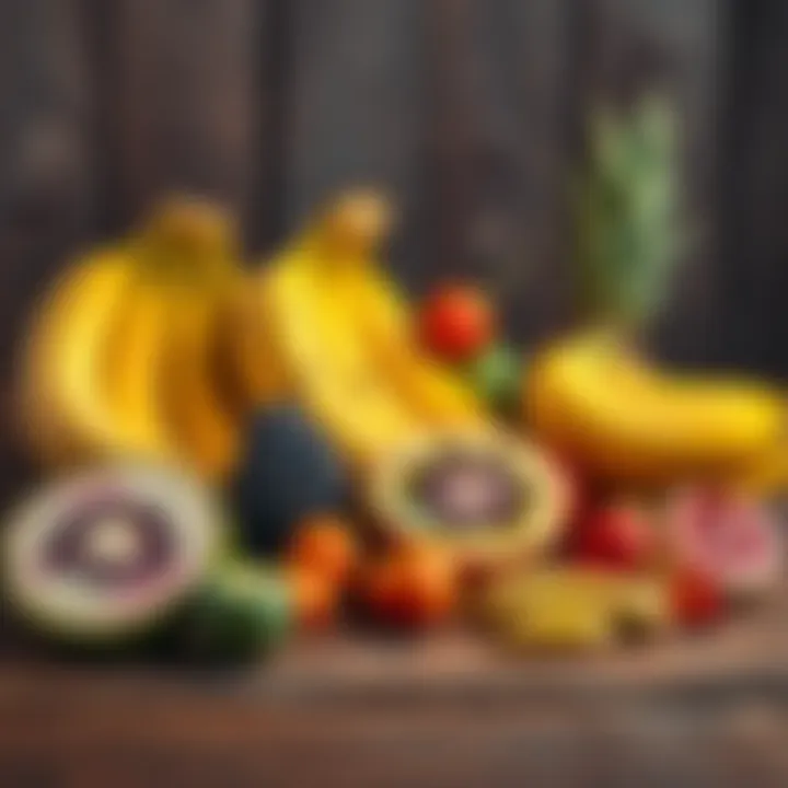 A vibrant display of four banana varieties alongside exotic fruits on a wooden table