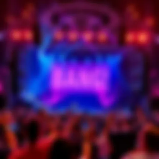 A vibrant stage with bright lights and a lively crowd enjoying music at Bang! Live