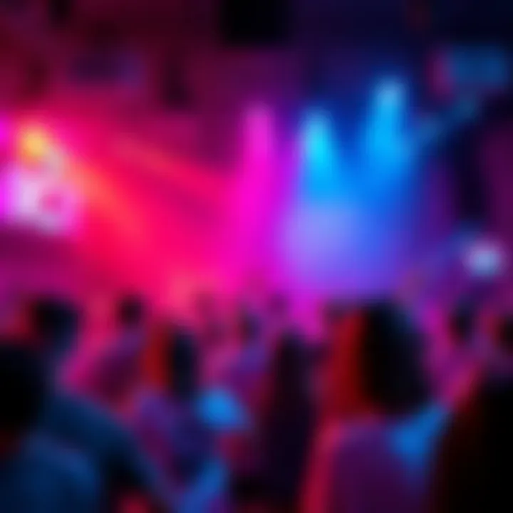 A vibrant scene showing a lively Bang NICE event with people enjoying music and dancing