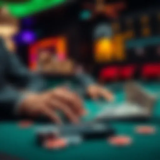 A person managing their bankroll while playing casino games, with chips and a calculator on the table
