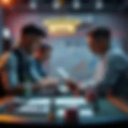 A group of successful players analyzing bankroll management charts and betting strategies at a table