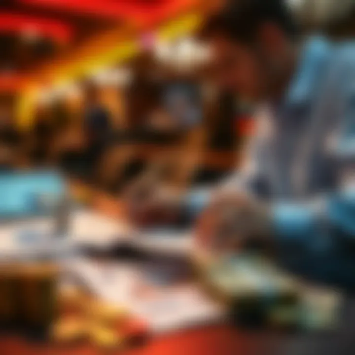 Bankroll Management Tips A person analyzing their bankroll with charts and cash on a table, focusing on effective management strategies.