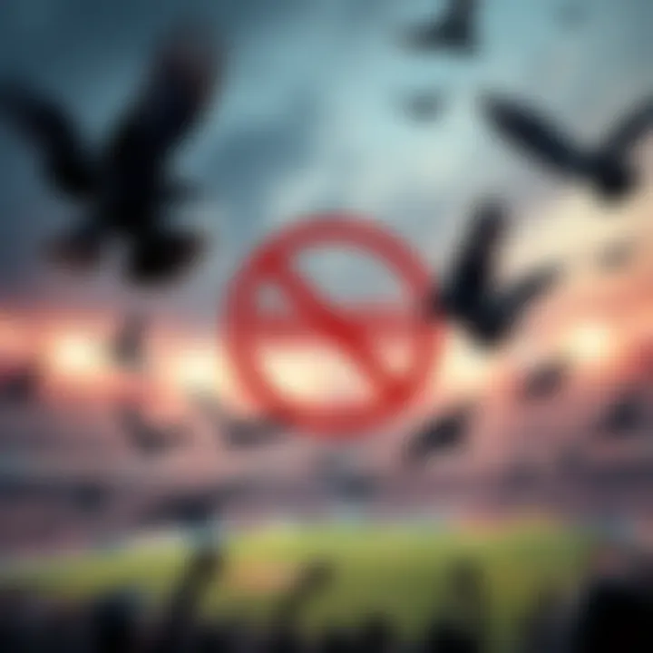 Banned Ravens A group of crows flying away from a stadium with a no entry sign.