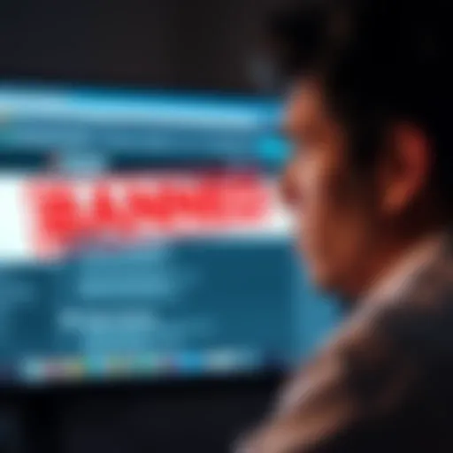 A person looking upset while staring at a computer screen displaying a forum page, showing a message about being banned and unable to access funds.