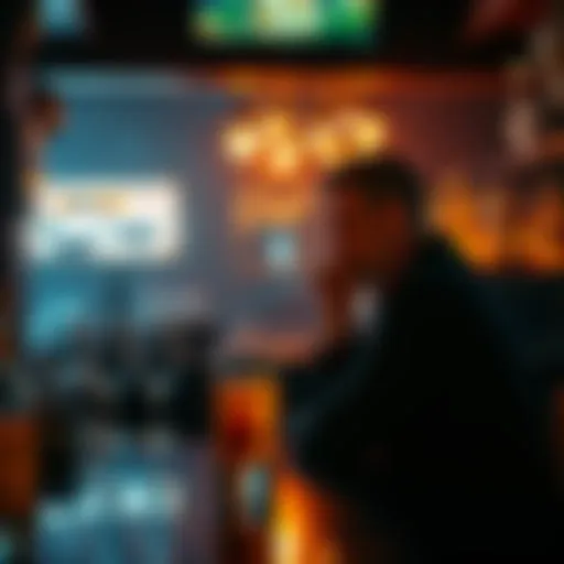 A dimly lit bar with empty glasses and a worried patron staring at his drink