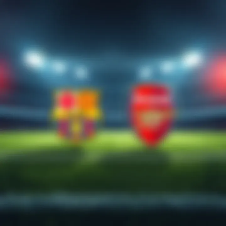A soccer field with Barcelona and Arsenal team logos, showcasing the tension before a crucial match.