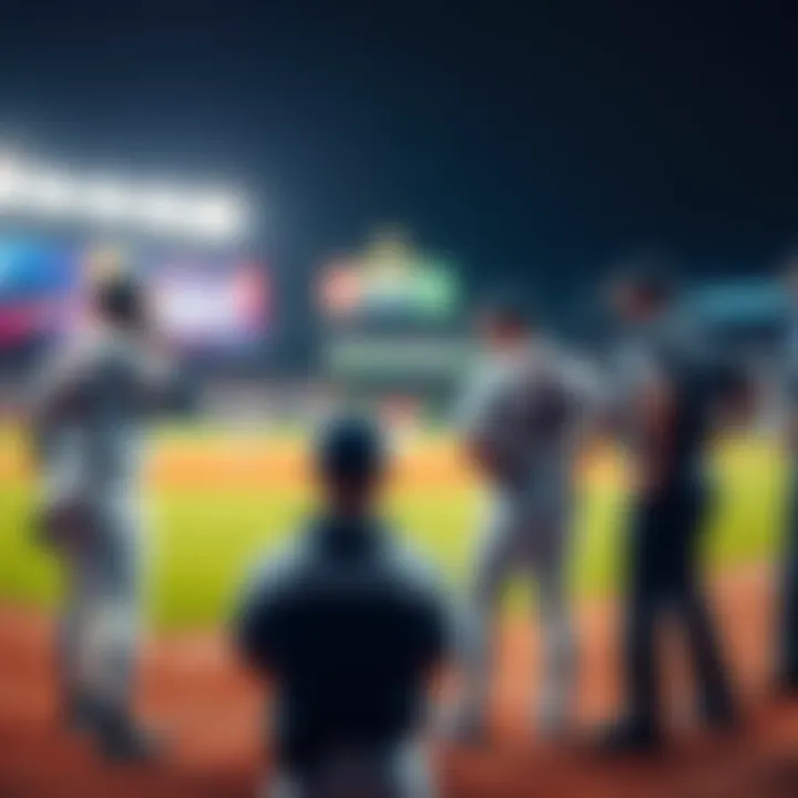 Baseball players and umpires discussing ABS challenges during a game