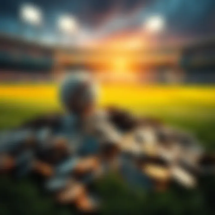 A baseball field with a pile of coins symbolizing small bets and dreams of winning, representing betting on MLB 2+ bases.