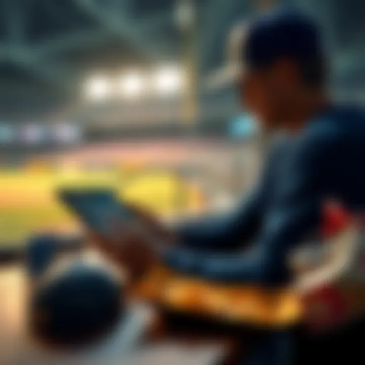 Baseball Betting A person looking at baseball odds on a tablet while sitting at a table with a baseball cap and snacks.