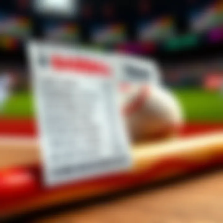 A close-up of a baseball betting ticket showing home runs predictions with a baseball bat and ball in the background.