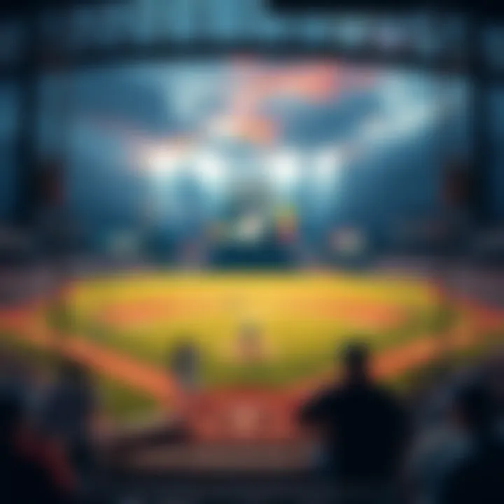 A baseball field with players in action, showing a scoreboard and fans in the stands, representing college baseball betting insights.