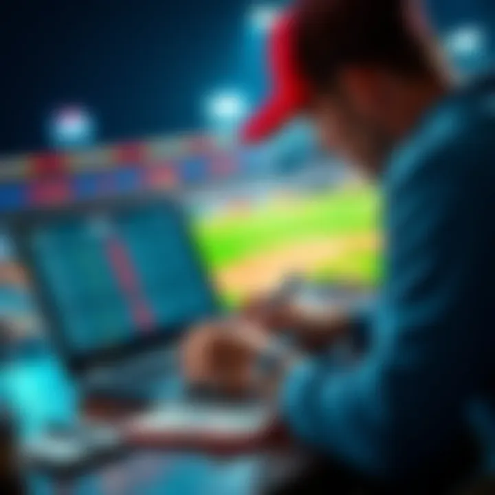 A person reviewing baseball statistics and betting options on a laptop with a baseball cap and a notepad