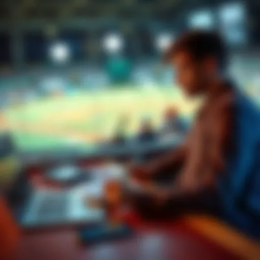 A person reviewing baseball statistics and game footage at a table with a notepad and laptop, looking focused and determined.