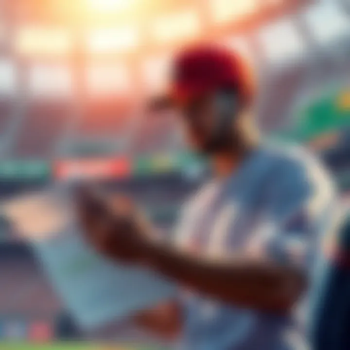 A baseball player studying statistics and charts for betting strategies on a game day.