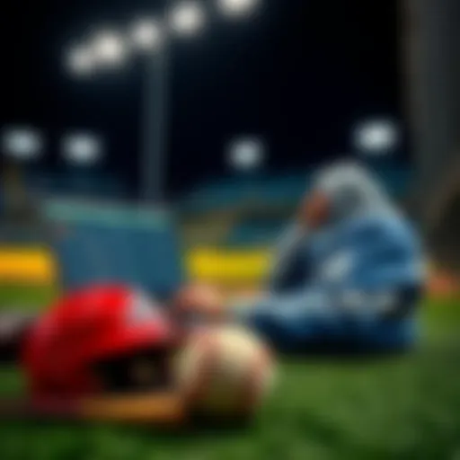 A person analyzing baseball betting odds on a laptop with baseball equipment nearby