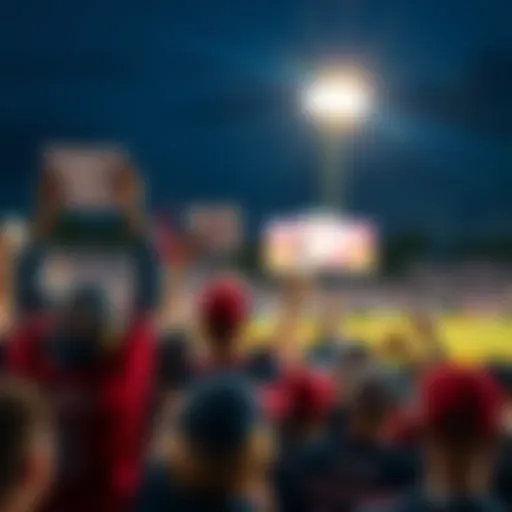 A crowd of excited baseball fans wearing team jerseys and holding signs, eagerly watching a game under stadium lights